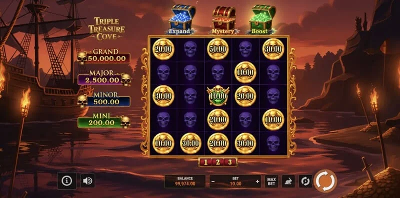 Triple Treasure Cove – főképernyő a tárcsákkal és a kalóz-öböllel